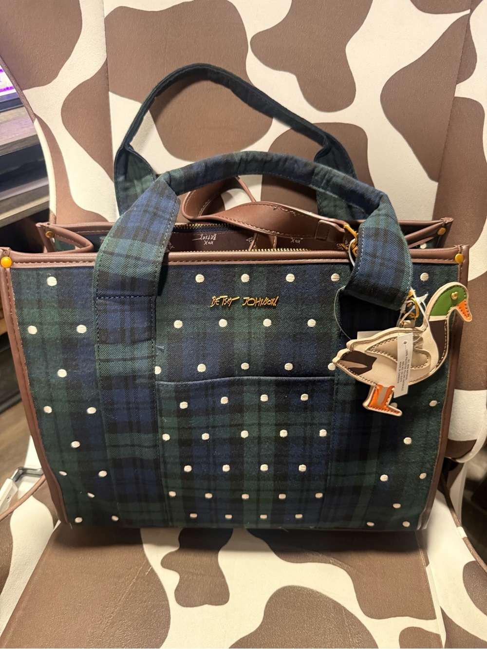 Betsey Johnson Blue Green Plaid Polka Dot Tote with Duck Charm